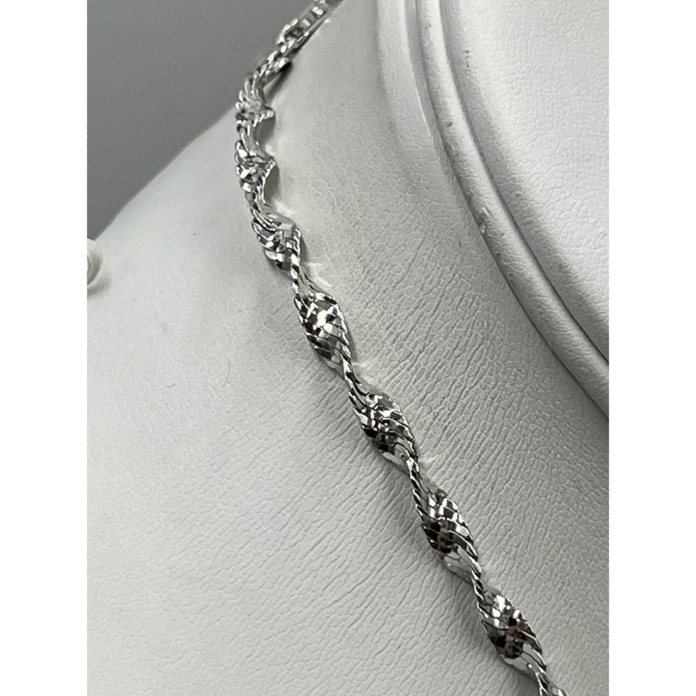 Solid Sterling Silver 925 Italian Twisted Sparkle‎ Chain Necklace Rhodium 17.5